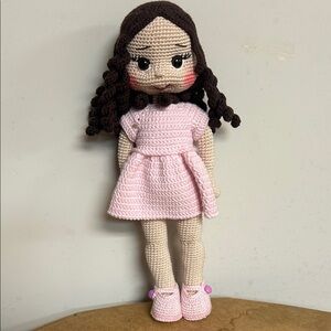 Handmade Crochet Doll – Amigurumi Girl with Brown Hair and Pink Dress